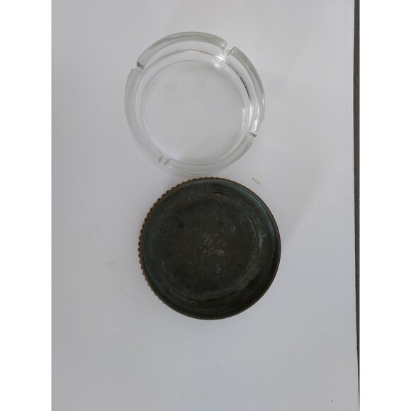 Vintage 2 Piece Glass Ashtray w/ Brass Chain Mid-Century Modern Made in England - Picture 3 of 4